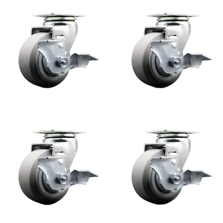 Service Caster 4 Inch Thermoplastic Rubber Swivel Caster Set with Ball Bearings and Brakes SCC-20S420-TPRBF-TLB-4